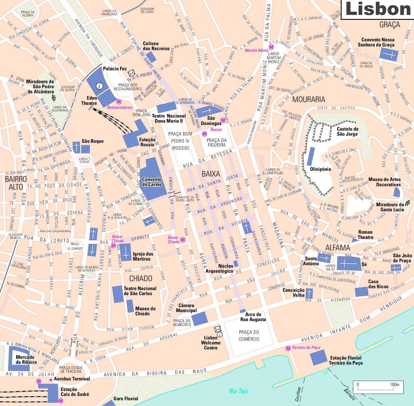 Lisbon attractions map - Lisbon top attractions map (Portugal)