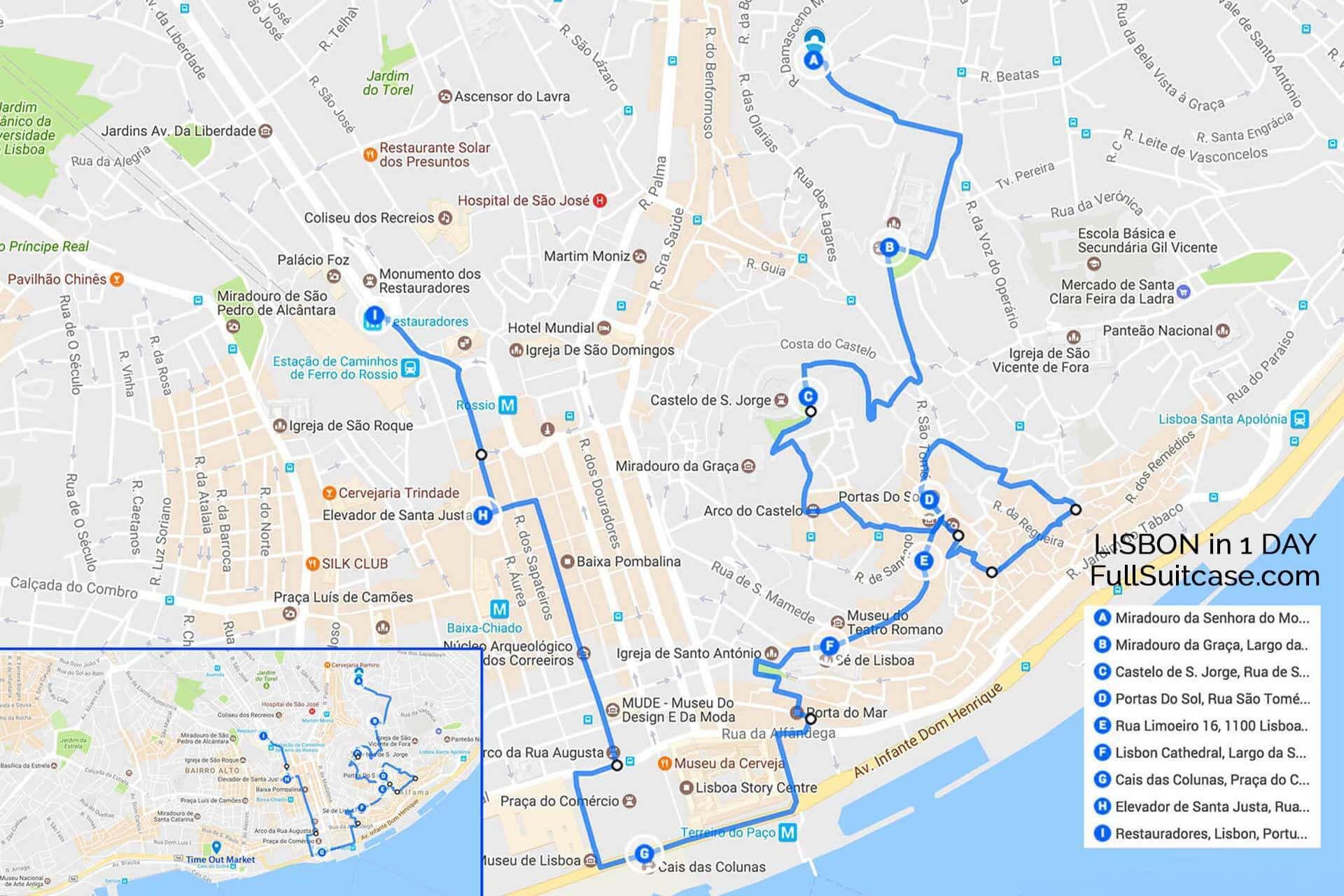 Lisbon Walking Tour Map Walking Tour Of Lisbon Map Portugal